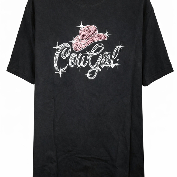 Tops - Cowgirl Rhinestone Graphic Tee - Black with Pink Accents